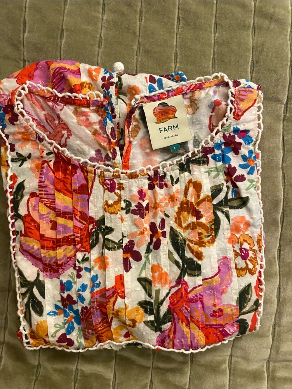 FARM Rio White Floral Flutter-Sleeve Peasant Top with Pink & Orange